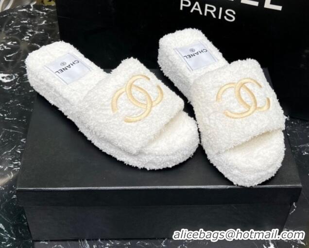 Stylish Chanel Teddycloth Platform Slide Sandals White 2081268