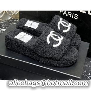 Top Grade Chanel Teddycloth Platform Slide Sandals Black 2081269