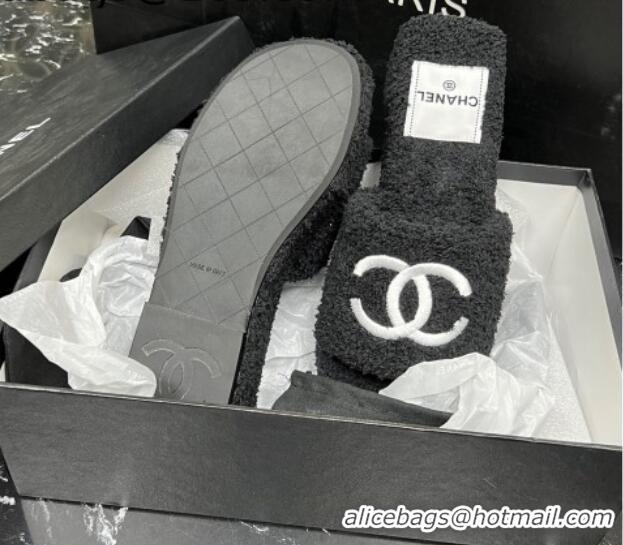 Top Grade Chanel Teddycloth Platform Slide Sandals Black 2081269