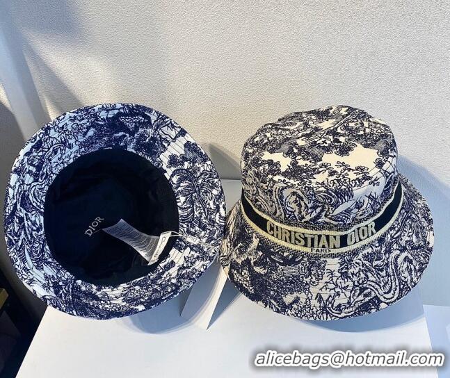 Top Design Dior Bucket Hat in Toile de Jouy Reverse Embroidered Cotton CD1904 Dark Blue 2021