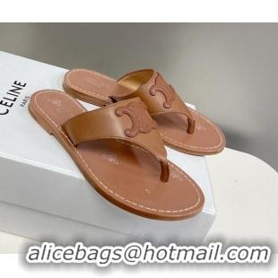 Good Quality Celine Triomphe Calfskin Flat Thong Slide Sandals Brown 062125