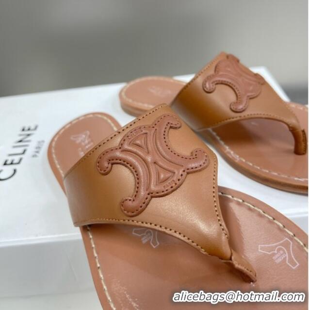 Good Quality Celine Triomphe Calfskin Flat Thong Slide Sandals Brown 062125