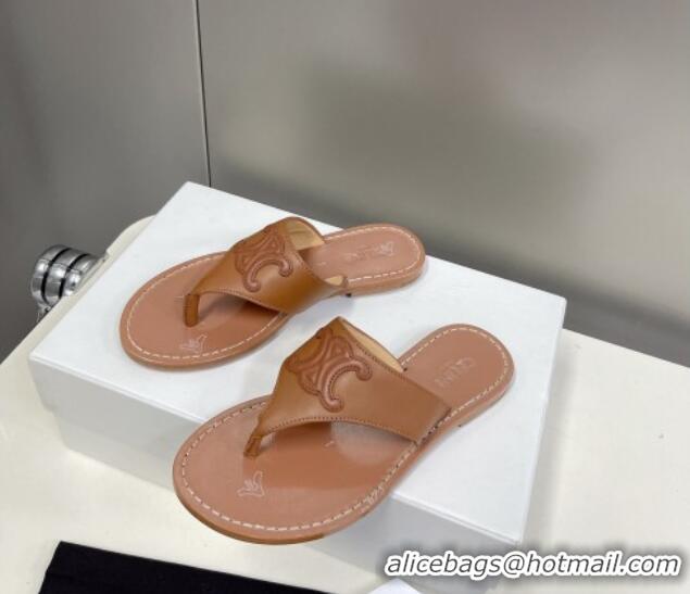 Good Quality Celine Triomphe Calfskin Flat Thong Slide Sandals Brown 062125