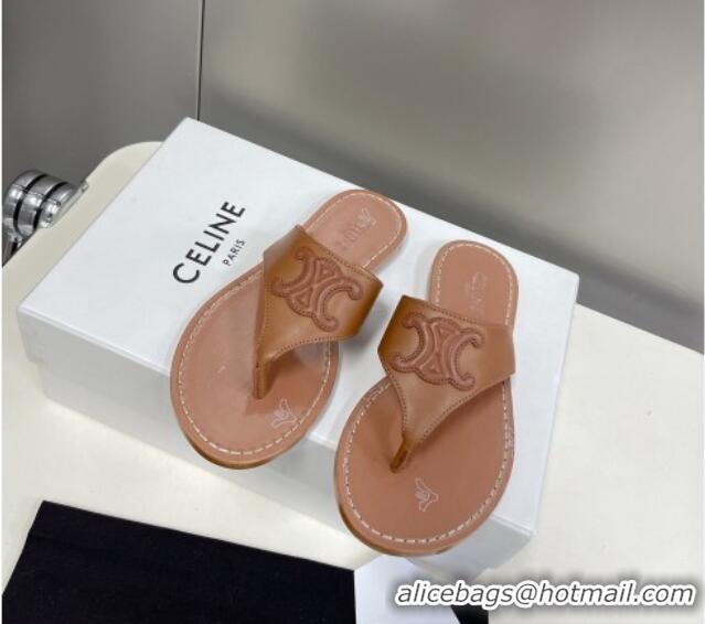 Good Quality Celine Triomphe Calfskin Flat Thong Slide Sandals Brown 062125