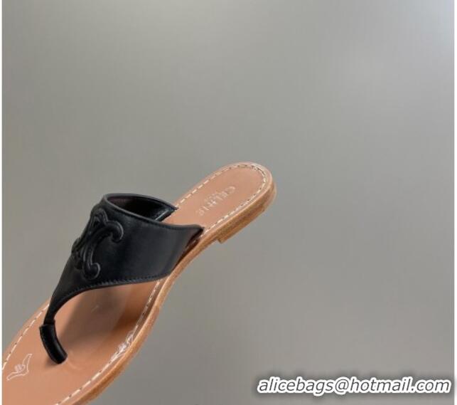 Sumptuous Celine Triomphe Calfskin Flat Thong Slide Sandals Black 062126