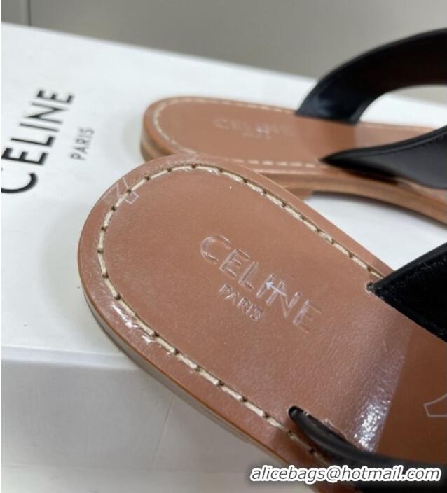 Sumptuous Celine Triomphe Calfskin Flat Thong Slide Sandals Black 062126