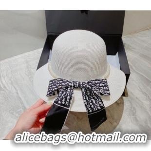 Modern Classic Dior Straw Bucket Hat with Pearl Bow 053132 White 2022