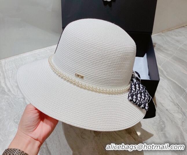 Modern Classic Dior Straw Bucket Hat with Pearl Bow 053132 White 2022