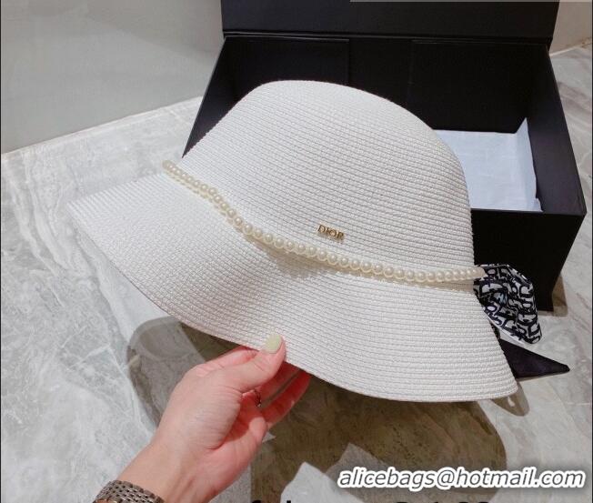 Modern Classic Dior Straw Bucket Hat with Pearl Bow 053132 White 2022