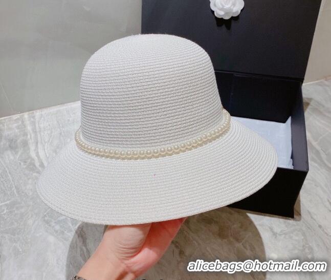 Modern Classic Dior Straw Bucket Hat with Pearl Bow 053132 White 2022