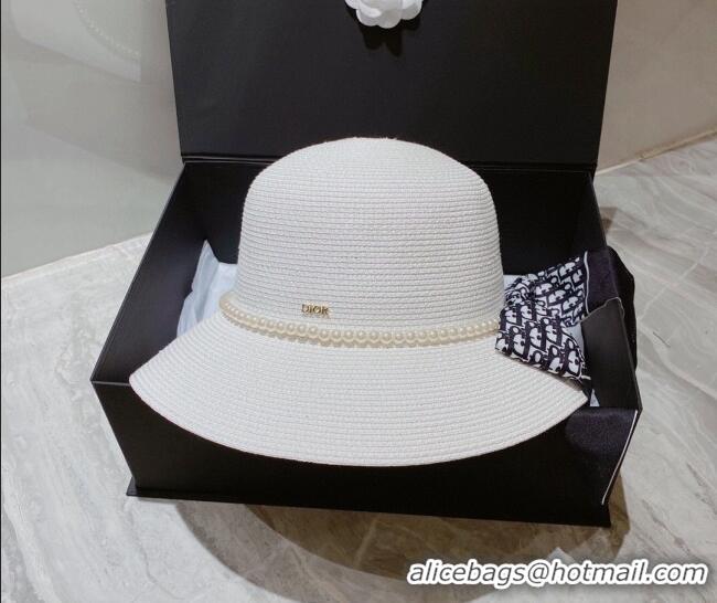 Modern Classic Dior Straw Bucket Hat with Pearl Bow 053132 White 2022