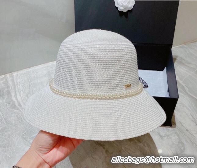 Modern Classic Dior Straw Bucket Hat with Pearl Bow 053132 White 2022