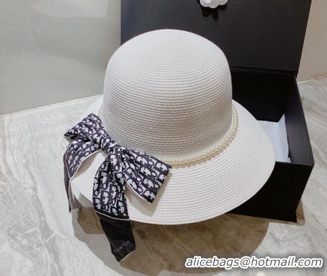 Modern Classic Dior Straw Bucket Hat with Pearl Bow 053132 White 2022