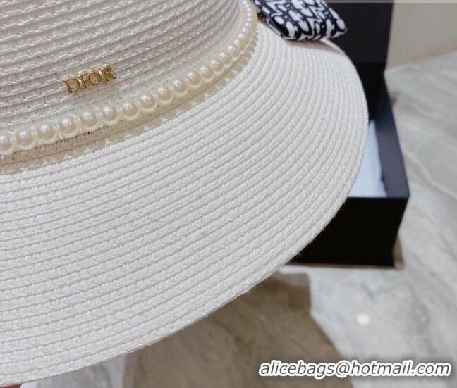 Modern Classic Dior Straw Bucket Hat with Pearl Bow 053132 White 2022