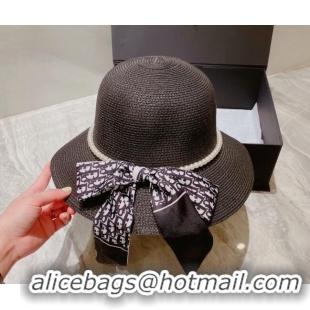 Best Price Dior Straw Bucket Hat with Pearl Bow 053133 Black 2022