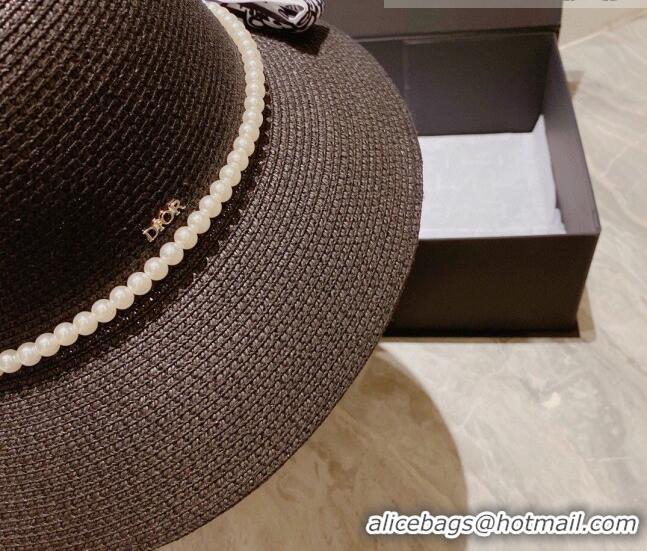 Best Price Dior Straw Bucket Hat with Pearl Bow 053133 Black 2022