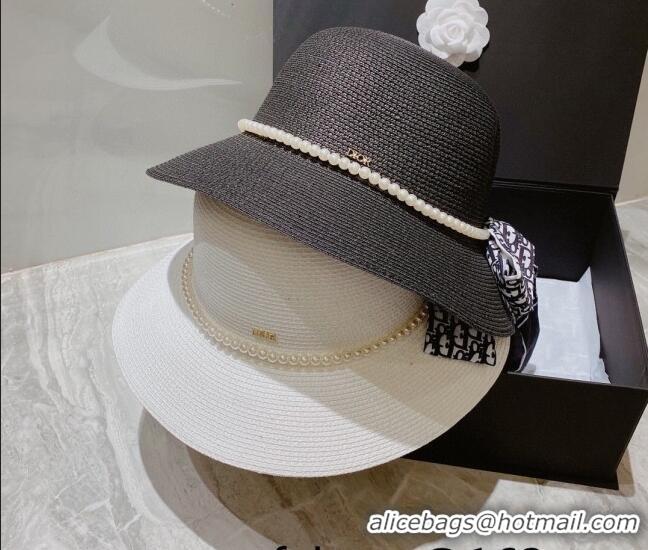 Best Price Dior Straw Bucket Hat with Pearl Bow 053133 Black 2022