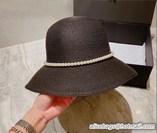 Best Price Dior Straw Bucket Hat with Pearl Bow 053133 Black 2022