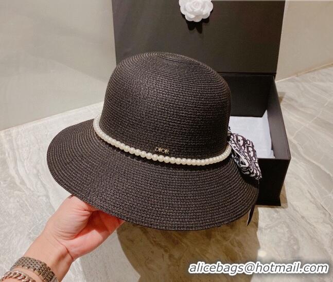 Best Price Dior Straw Bucket Hat with Pearl Bow 053133 Black 2022