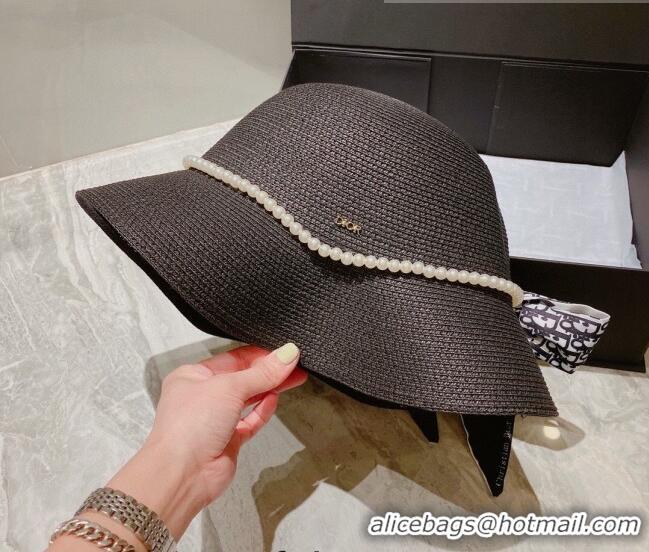 Best Price Dior Straw Bucket Hat with Pearl Bow 053133 Black 2022