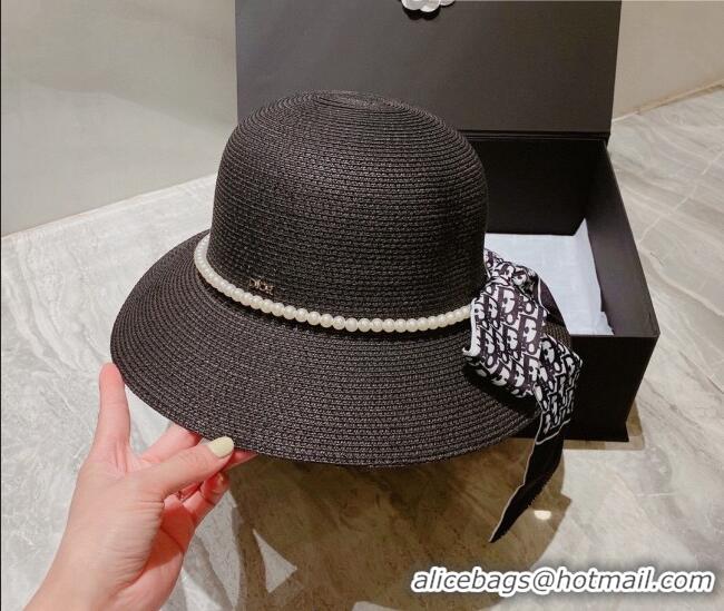 Best Price Dior Straw Bucket Hat with Pearl Bow 053133 Black 2022