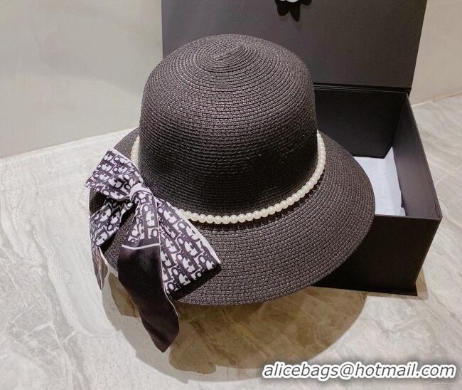 Best Price Dior Straw Bucket Hat with Pearl Bow 053133 Black 2022