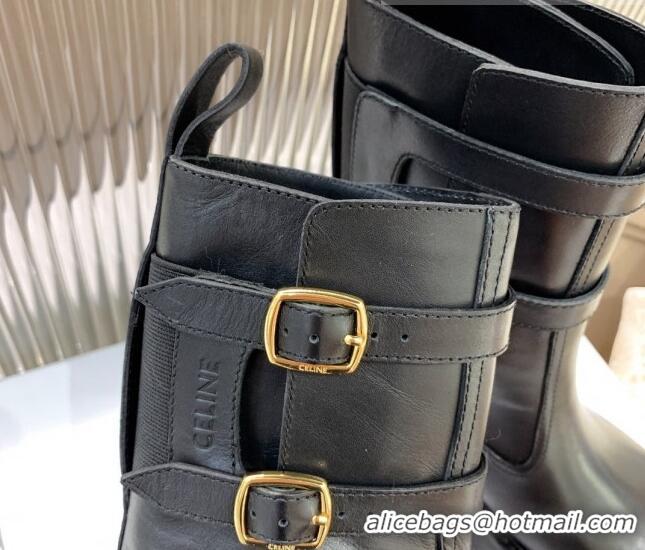 Sophisticated Celine Leather Buckle Ankle Boots Black 062127