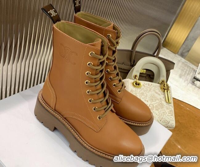 Purchase Celine Triomphe Leather Lace-up Ankle Boots Tan Brown 062130