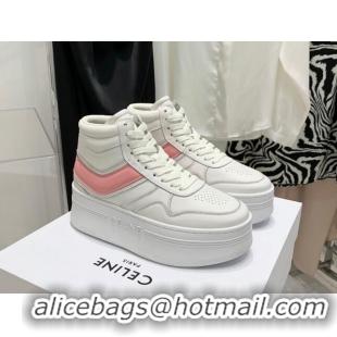 Good Quality Celine Triomphe Lambskin Platform Boot Sneakers White/Pink 080862