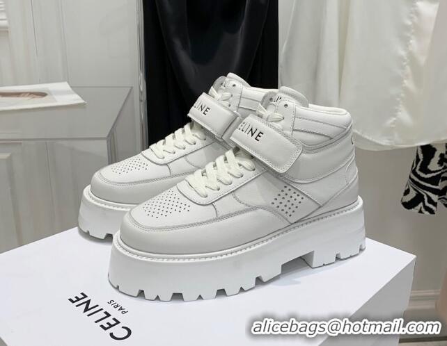 Stylish Celine Triomphe Leather Platform Boot Sneakers with Strap White 080864