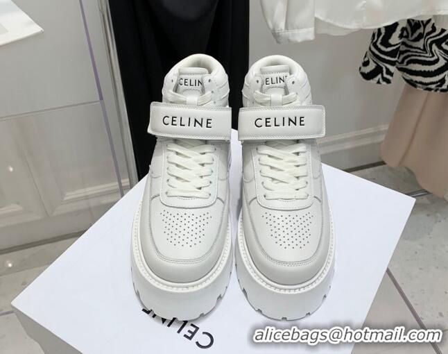 Stylish Celine Triomphe Leather Platform Boot Sneakers with Strap White 080864