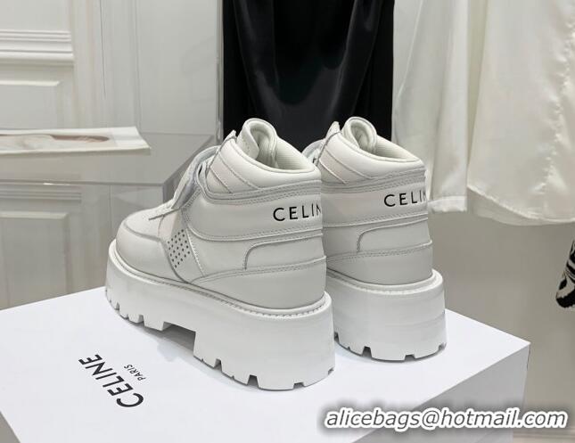 Stylish Celine Triomphe Leather Platform Boot Sneakers with Strap White 080864