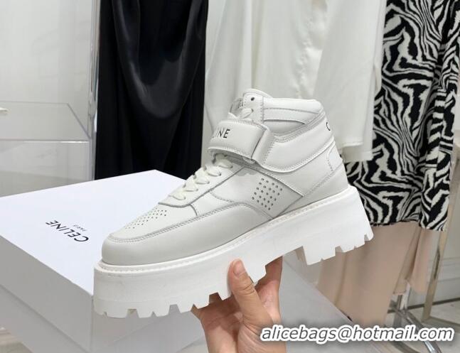 Stylish Celine Triomphe Leather Platform Boot Sneakers with Strap White 080864