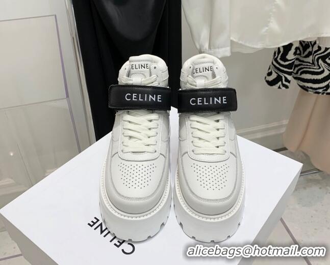 Grade Quality Celine Triomphe Leather Platform Boot Sneakers with Strap White/Black 080865