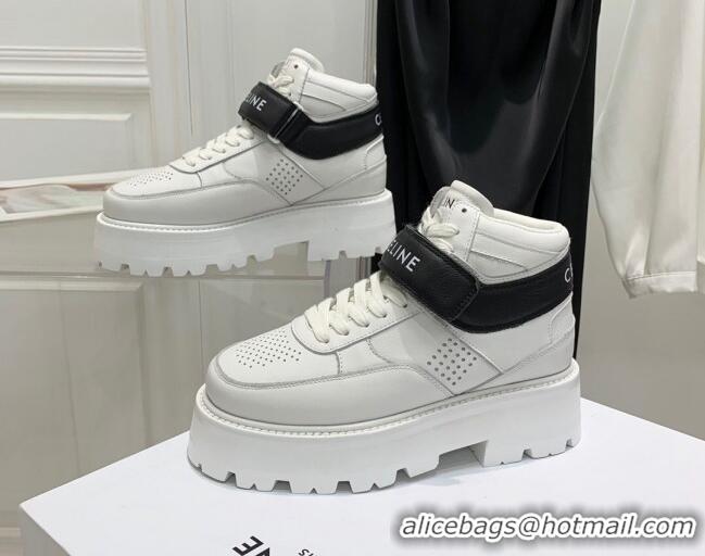 Grade Quality Celine Triomphe Leather Platform Boot Sneakers with Strap White/Black 080865