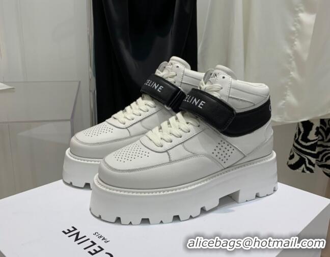 Grade Quality Celine Triomphe Leather Platform Boot Sneakers with Strap White/Black 080865