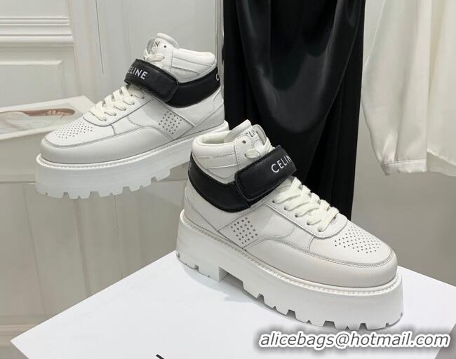 Grade Quality Celine Triomphe Leather Platform Boot Sneakers with Strap White/Black 080865