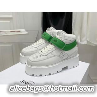 Best Price Celine Triomphe Leather Platform Boot Sneakers with Strap White/Green 080866