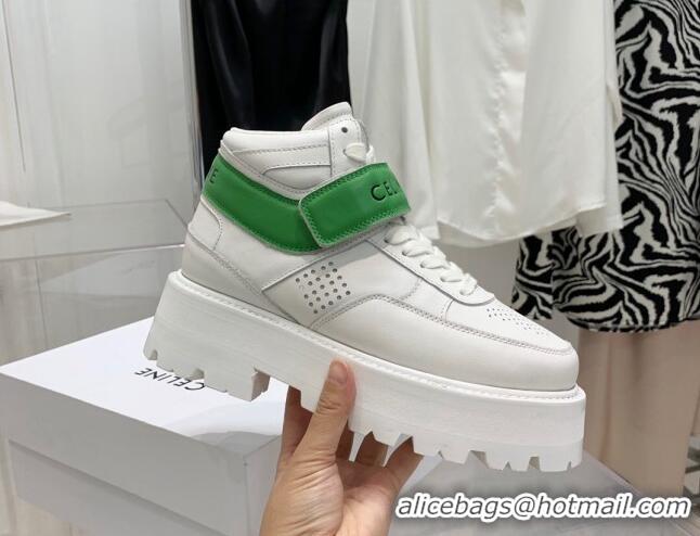 Best Price Celine Triomphe Leather Platform Boot Sneakers with Strap White/Green 080866