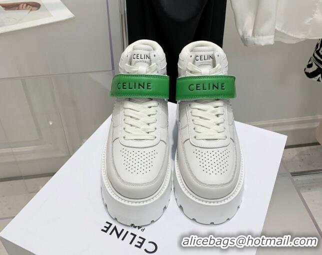 Best Price Celine Triomphe Leather Platform Boot Sneakers with Strap White/Green 080866