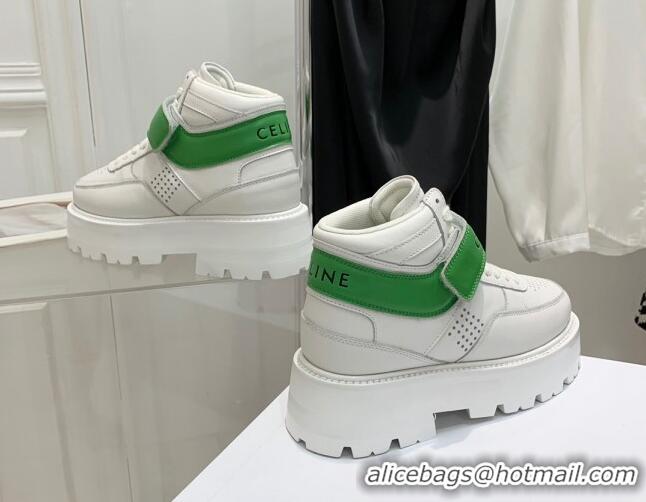 Best Price Celine Triomphe Leather Platform Boot Sneakers with Strap White/Green 080866