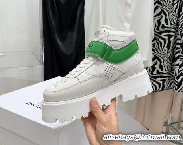 Best Price Celine Triomphe Leather Platform Boot Sneakers with Strap White/Green 080866