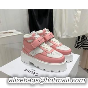 Low Cost Celine Triomphe Leather Platform Boot Sneakers with Strap White/Pink 080867