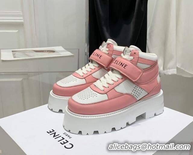 Low Cost Celine Triomphe Leather Platform Boot Sneakers with Strap White/Pink 080867