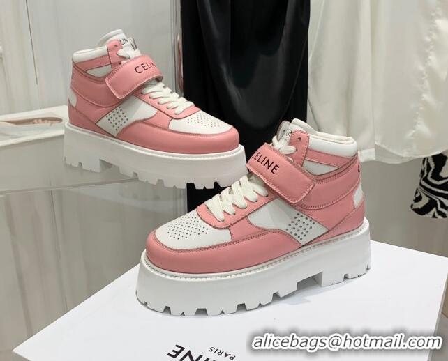 Low Cost Celine Triomphe Leather Platform Boot Sneakers with Strap White/Pink 080867