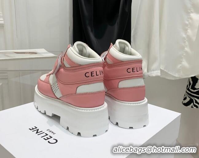 Low Cost Celine Triomphe Leather Platform Boot Sneakers with Strap White/Pink 080867