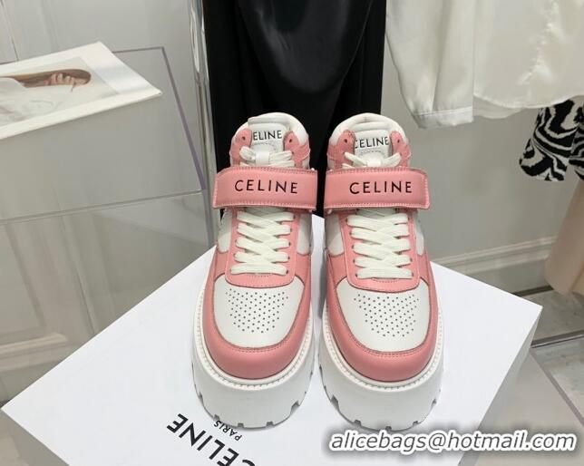 Low Cost Celine Triomphe Leather Platform Boot Sneakers with Strap White/Pink 080867