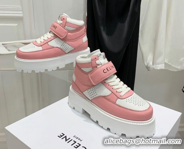 Low Cost Celine Triomphe Leather Platform Boot Sneakers with Strap White/Pink 080867