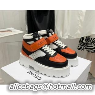 Unique Style Celine Triomphe Leather Platform Boot Sneakers with Strap White/Black/Orange 080868