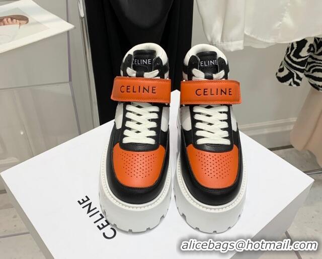 Unique Style Celine Triomphe Leather Platform Boot Sneakers with Strap White/Black/Orange 080868